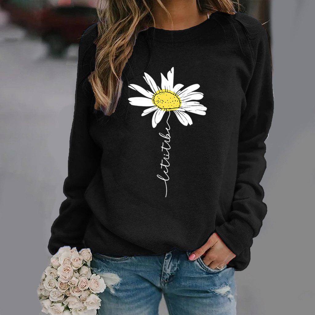 Daisy Print Long-sleeved Round Neck Sweatshirt