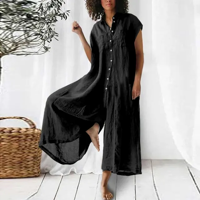 Women's Solid Color Casual Long sleeved Mid length Jumpsuit Black - Shop at LoveMi