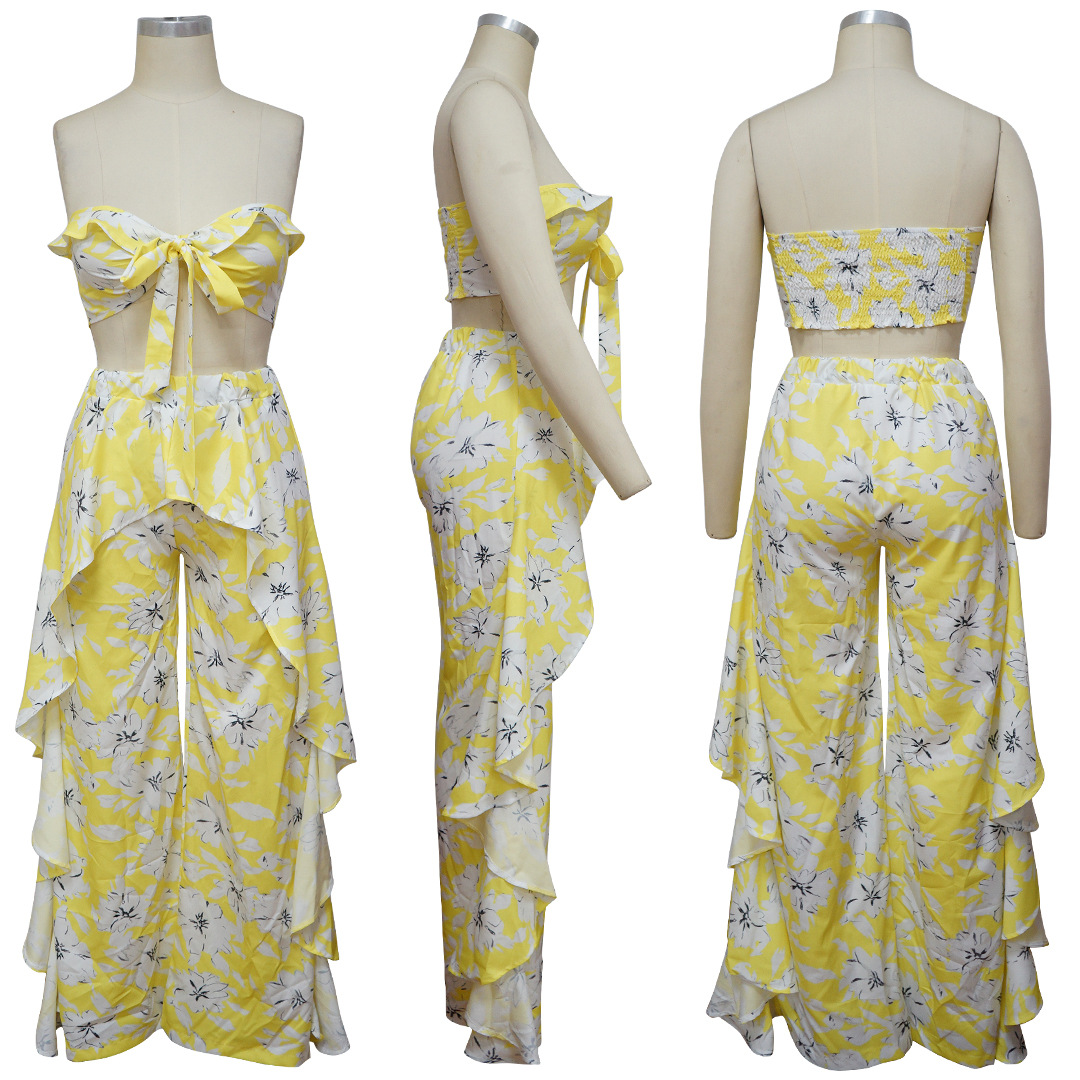 Women's Wide Leg Pants Suit With Printed Ruffled Bow