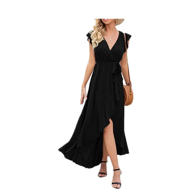 Women's Irregular Swing Dress With Slits And Straps Black - Shop at LoveMi