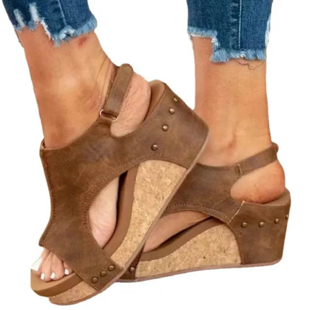 Women's Wedge Peep Toe Platform Rivet Sandals Khaki - Shop at LoveMi