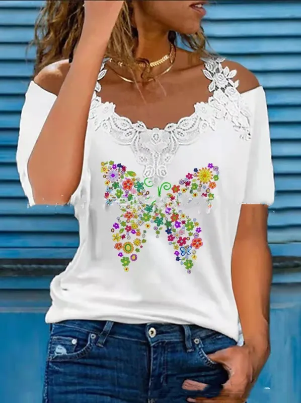 V Neck Lace Shoulder Drain Short Sleeve Casual Big Butterfly L - Shop at LoveMi