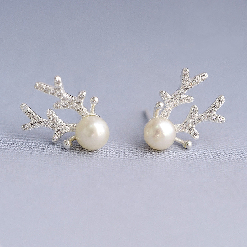 925 Sterling Silver Jewelry Natural Pearl Elk Earrings