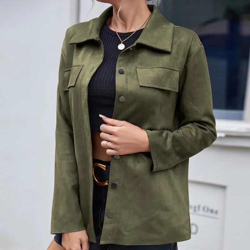 Casual Simple Single Breasted Pocket Shirt Deerskin Long Sleeve Shirt Jacket - Army Green