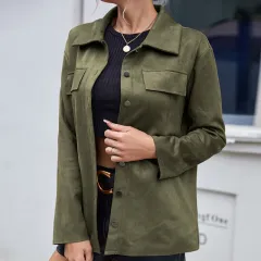Casual Simple Single Breasted Pocket Shirt Deerskin Long Sleeve Shirt Jacket - Army Green - View 1