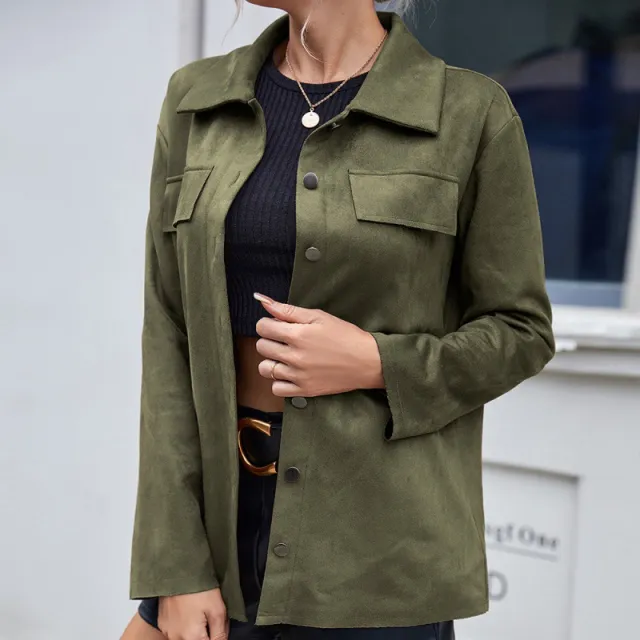 Casual Simple Single Breasted Pocket Shirt Deerskin Long Sleeve Shirt Jacket Green - Shop at LoveMi