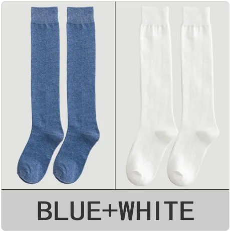 Solid Color Calf Socks Women's Cotton Long Socks - Denim Blue And White