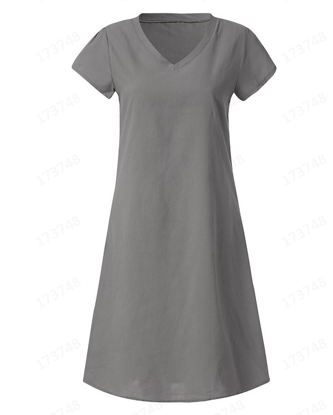 Solid Color Short Sleeve V-Neck Dress