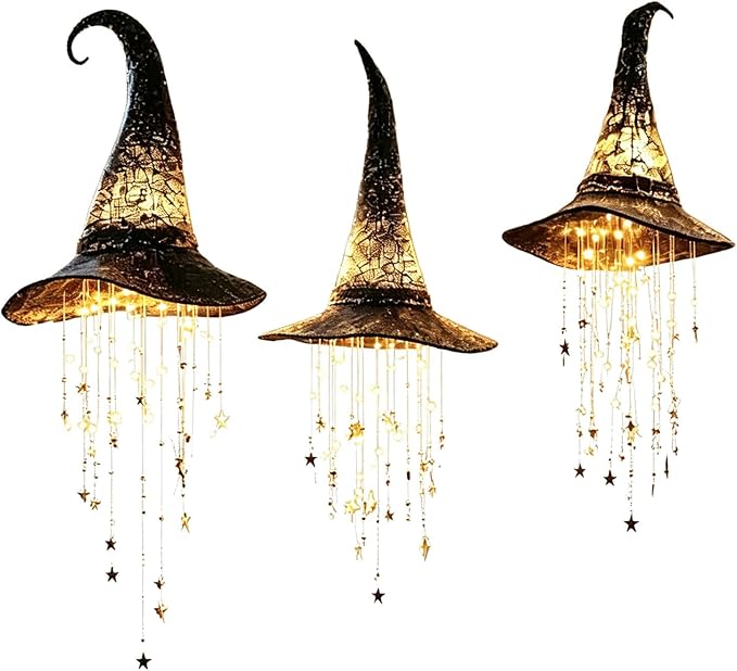 Lighted Witch Hat Hanging Chime, Glowing Star Tassel Halloween Decoration For Door, Porch, Window, Wall And Party Decor