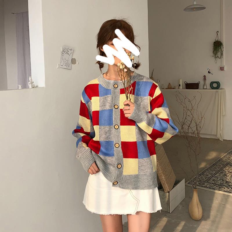 Autumn New Round Neck Plaid Cardigan Sweater Top