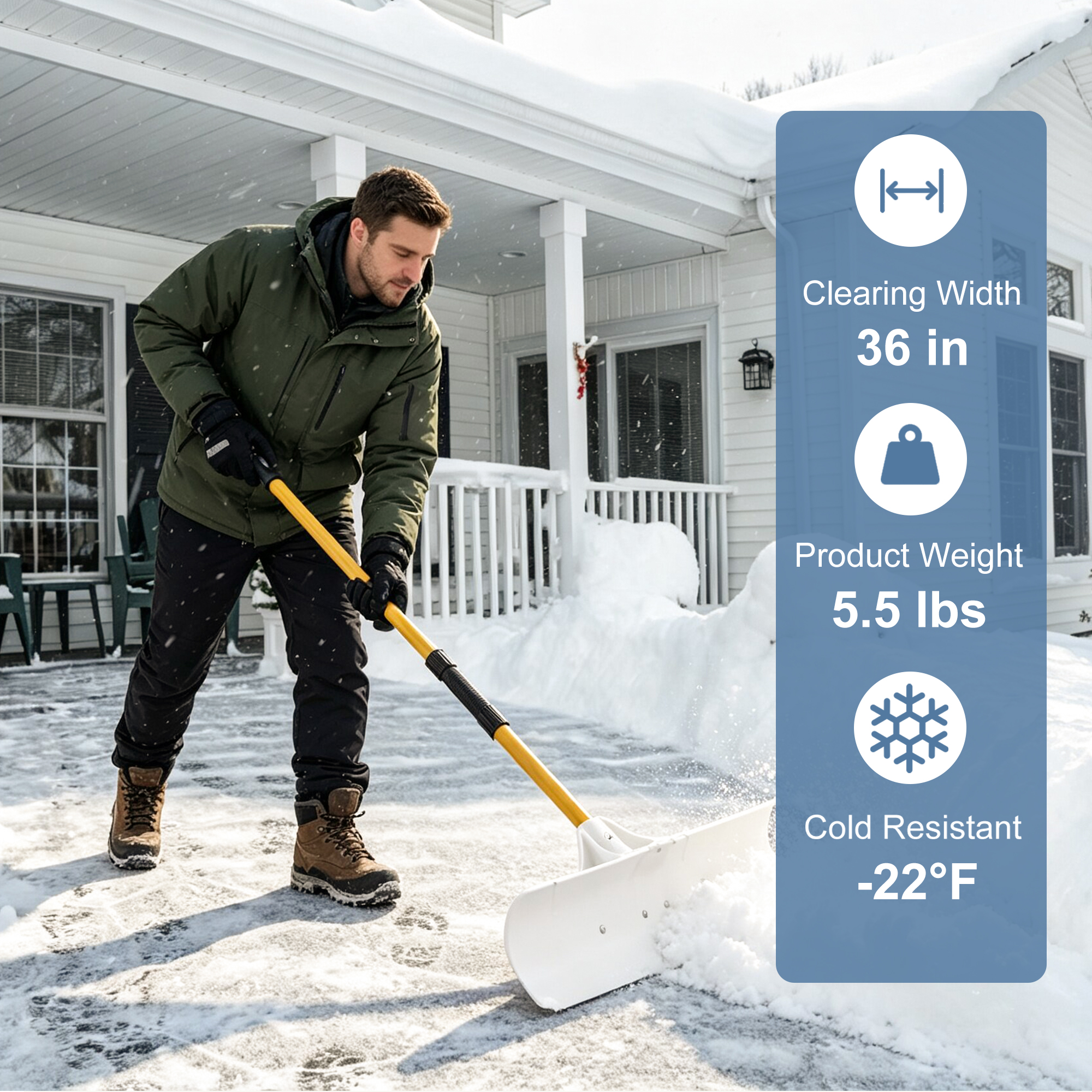 Snow Pusher Shovel With Handle, Wide Plastic Snow Removal Tool For Driveway, Sidewalk, Walkway,White image 5