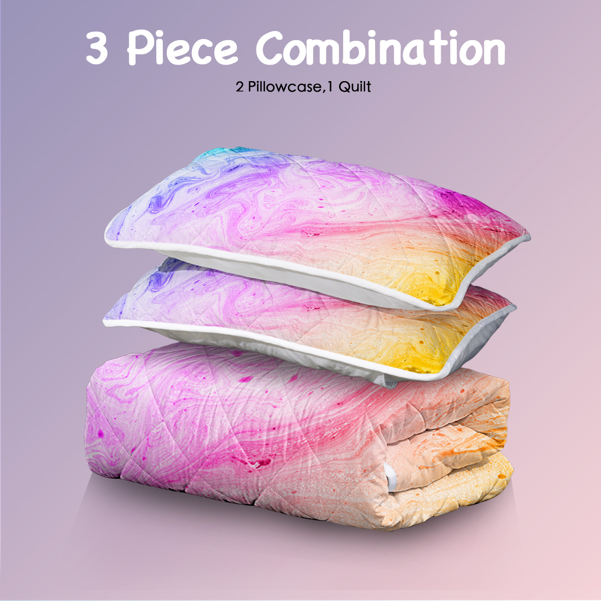 Pastel Quilt Set Microfiber Soft Lightweight Rainbow Marble Bedding Set, 1 Quilt With 2 Pillowcases