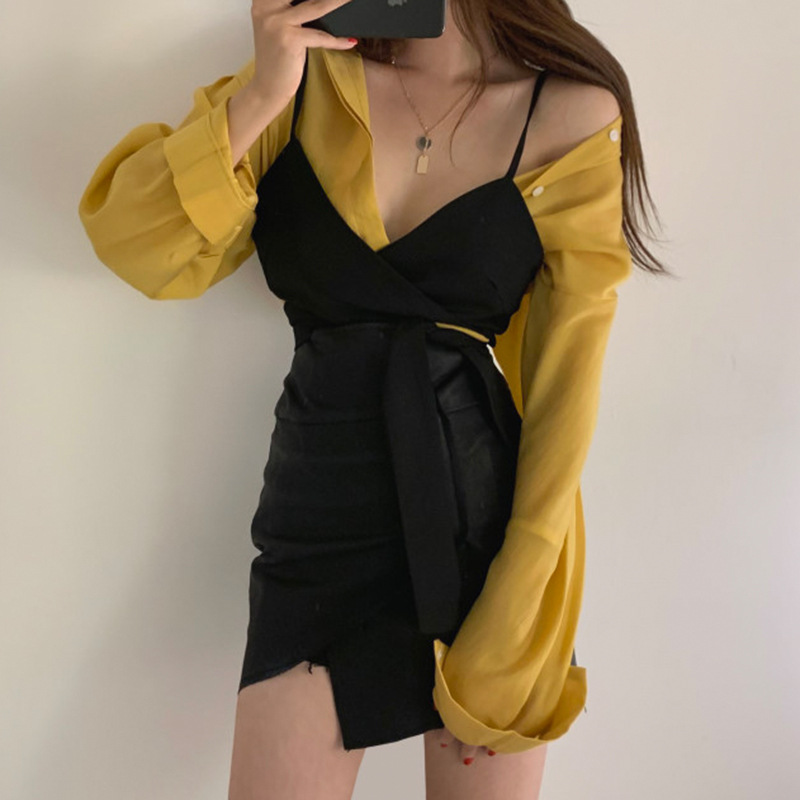 Elegant Temperament Lapel Light-weight See-through Long-sleeved Shirt