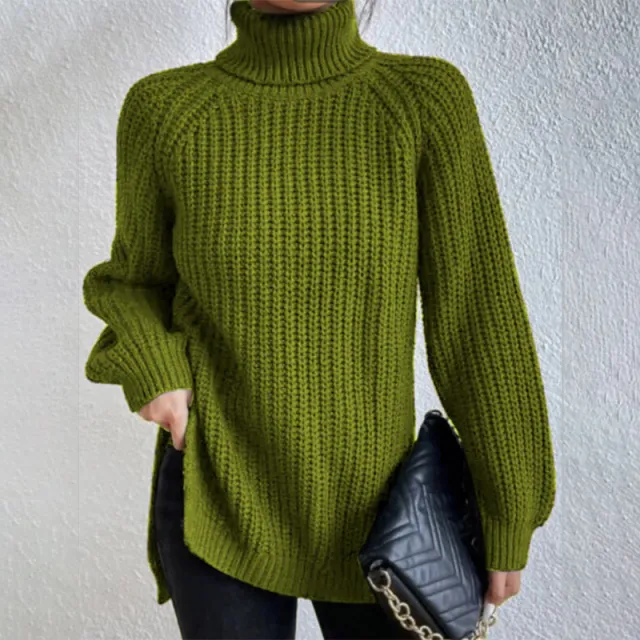 Turtleneck Pullover Sweater With Split Design Fashion Simple Solid Color Long Sleeve Tops Women's Clothing Green - Shop at LoveMi