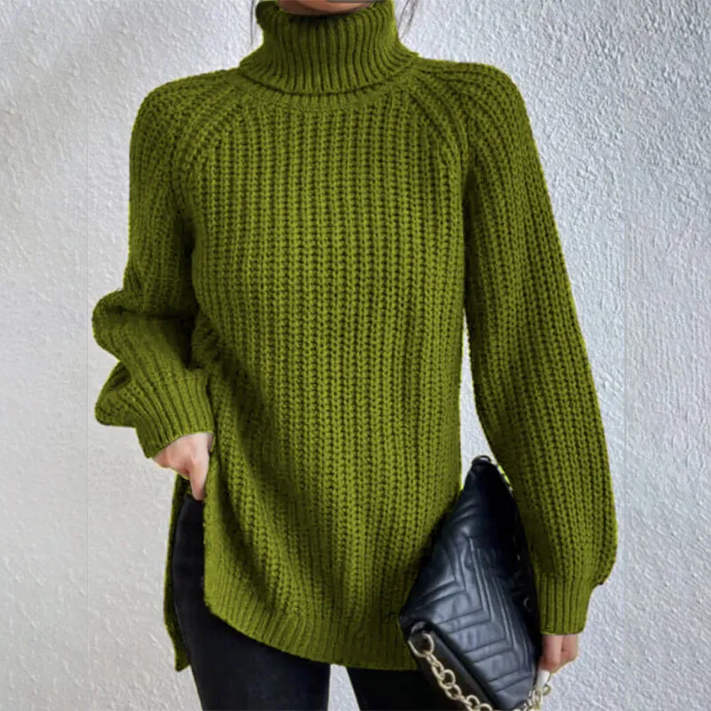 Turtleneck Pullover Sweater With Split Design Fashion Simple Solid Color Long Sleeve Tops Women's Clothing - Green