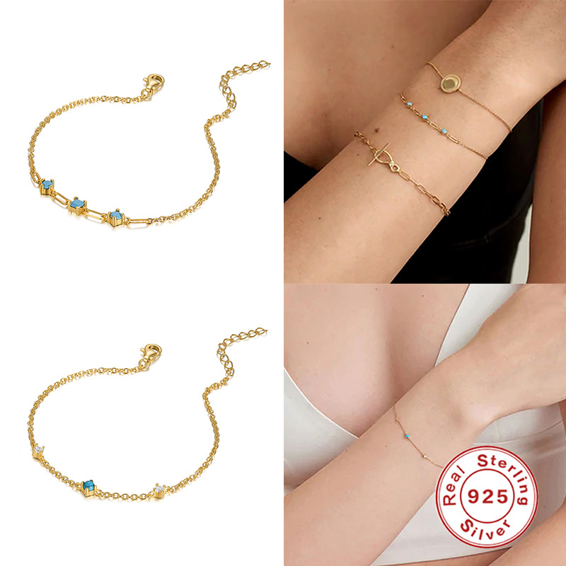 S925 Sterling Silver Turquoise Zircon Paperclip Bracelet