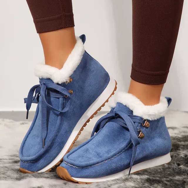 Winter Lace up Snow Boots Casual Warm Plush Flat Shoes Women's Fleece Ankle Boot Blue - Shop at LoveMi