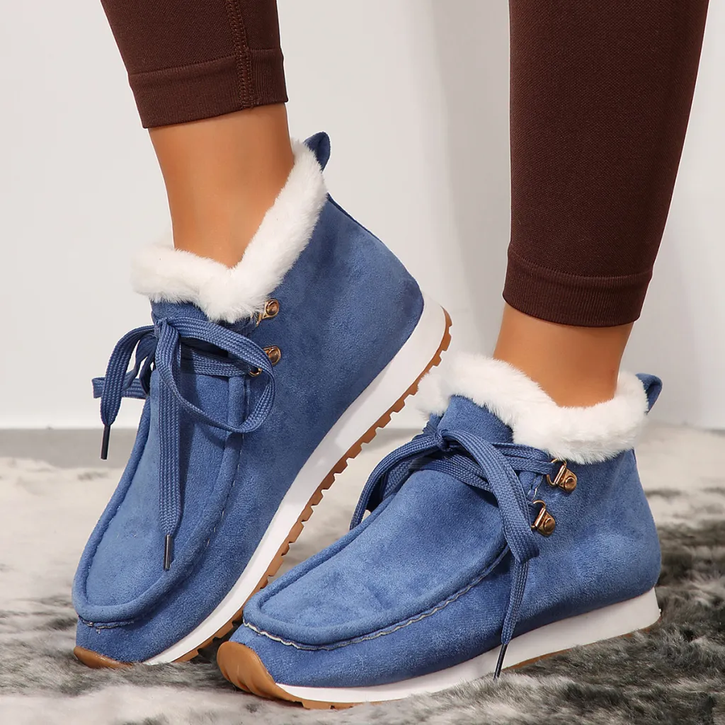 Winter Lace-up Snow Boots Casual Warm Plush Flat Shoes Women's Fleece Ankle Boot - Blue