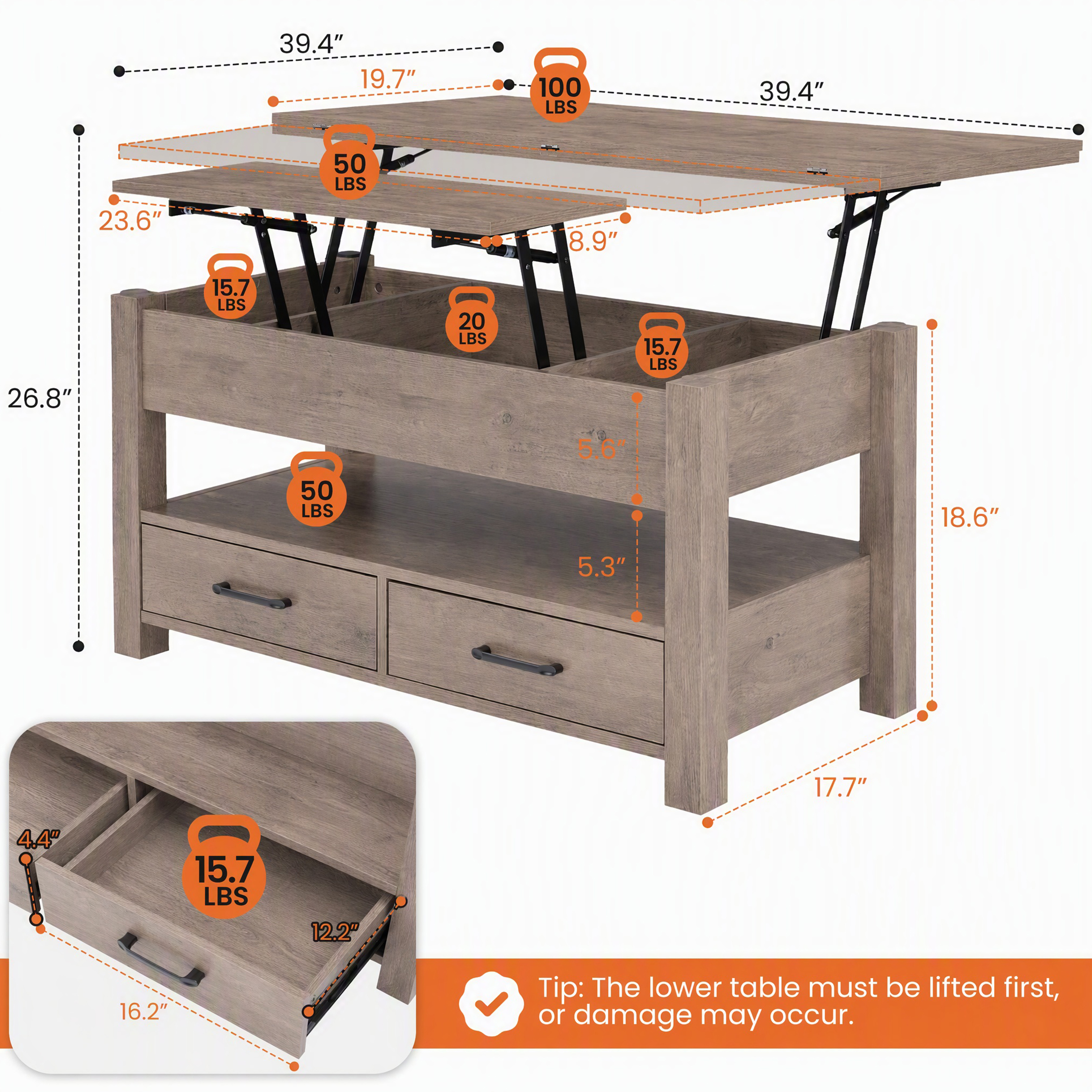 Lift Top Coffee Table, Convertible Design With Drawers And Hidden Storage, For Living Room image 8