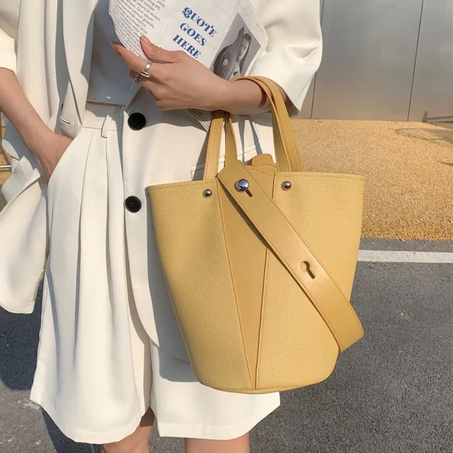 Cowhide Vegetable Basket Wind Commuter Lazy Tote Bag Yellow - Shop at LoveMi