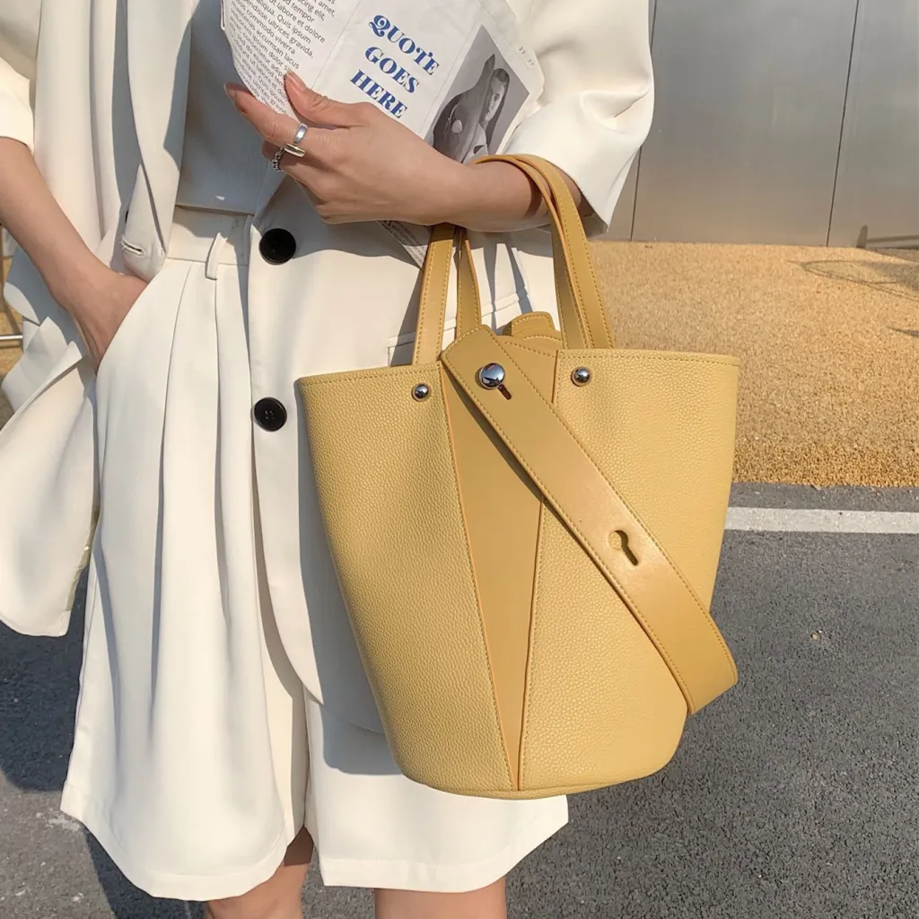 Cowhide Vegetable Basket Wind Commuter Lazy Tote Bag - Yellow