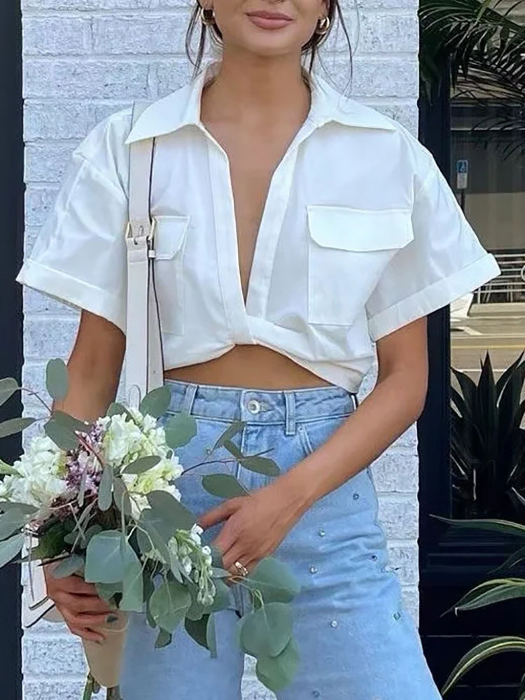 New Women's Stretch Linen Blend Cropped Shirt