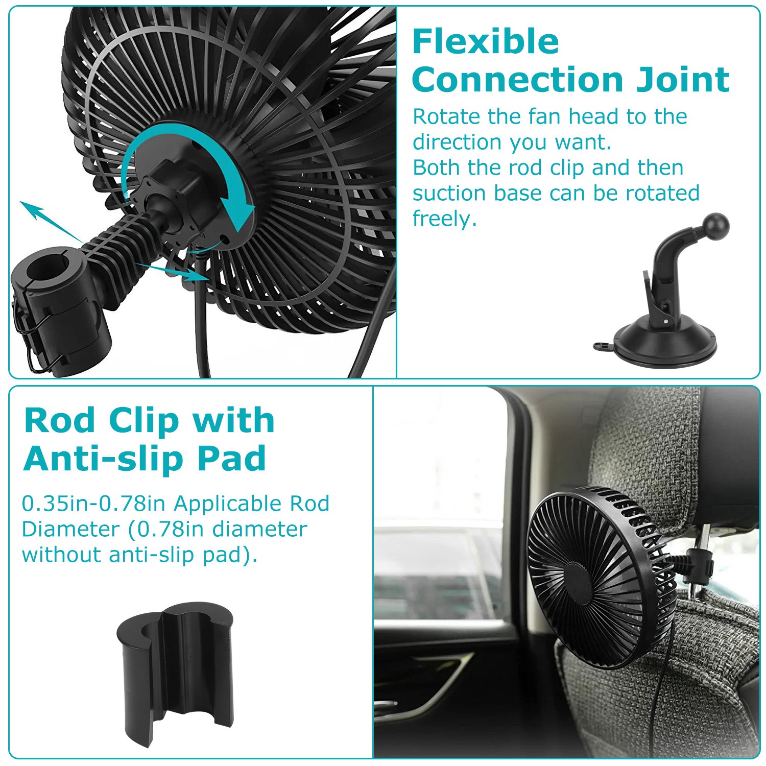 1Pc Car Cooling Fan Portable Rotatable USB Vehicle Fan Backseat Clip Fan Dashboard Window Suction Fan For SUV RV Pickup With 3 Speeds