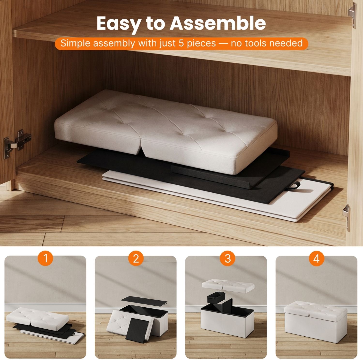 Folding Storage Ottoman, Compact Flip-Top Ottoman With Divider, Padded PVC Seat, Space-Saving Footrest Stool For Bedroom, Entryway, Living Room image 9