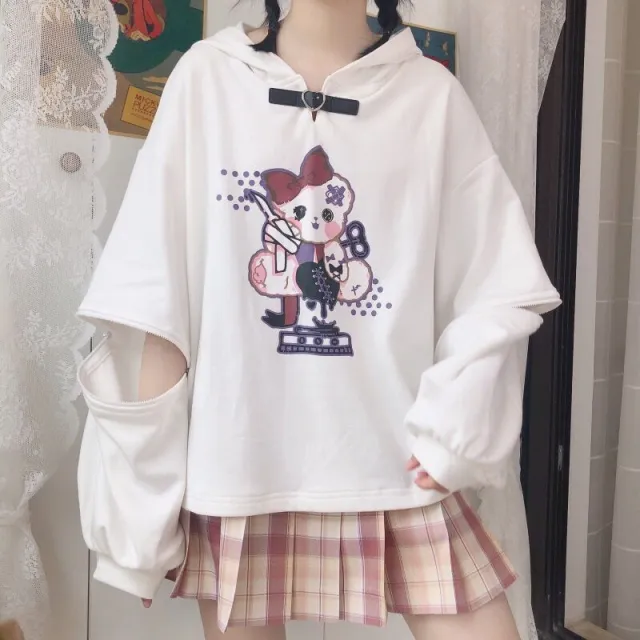 Bear Print Detachable Two wear Hooded Sweatshirt White - Shop at LoveMi