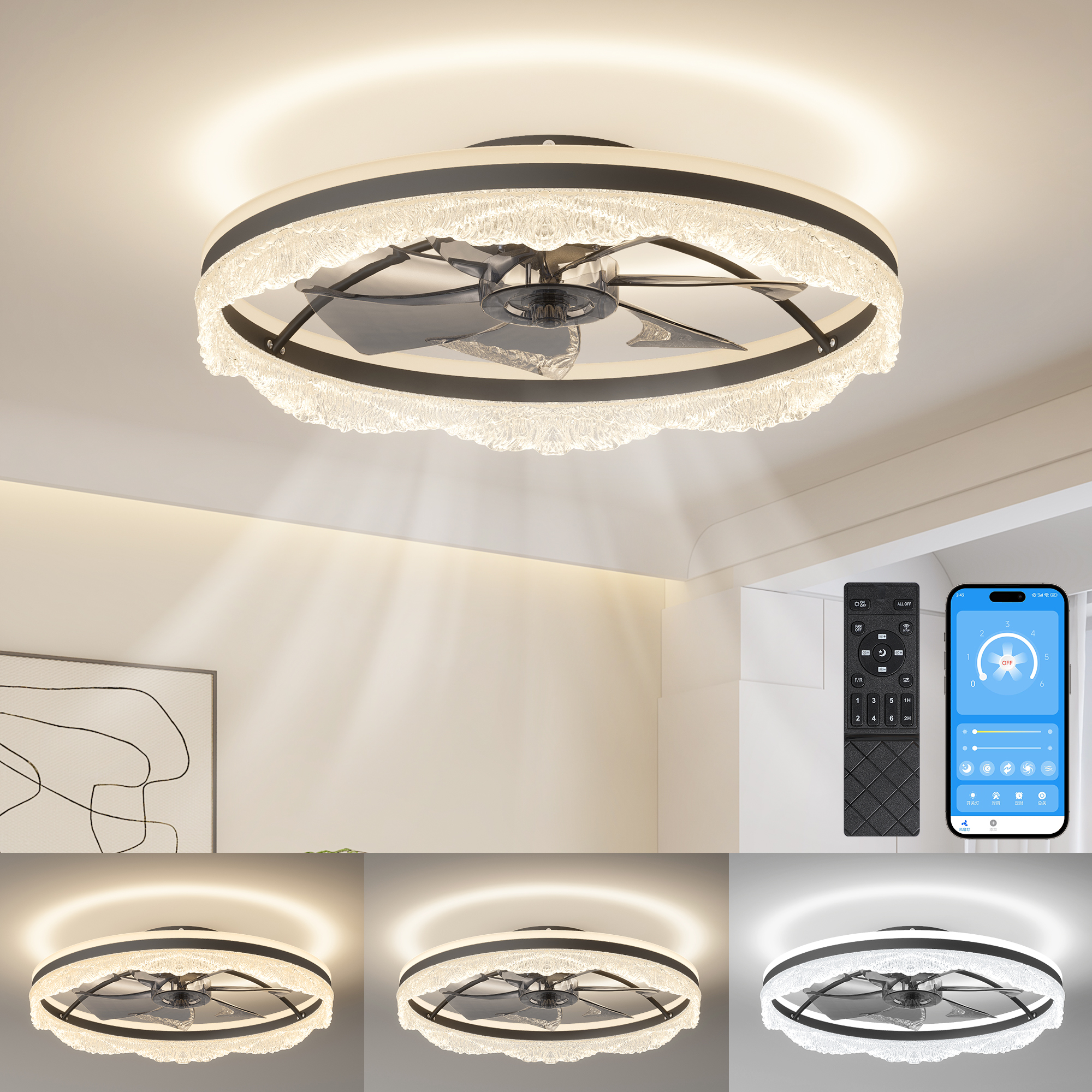 24  Quiet Ceiling Fan With Light   LED Crystal Flush Mount Fan Lamp With Hidden Blades And Natural Airflow, Perfect For Bedroom, Kids Room, Study Room - Image 1