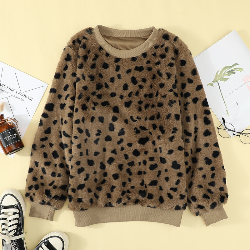Plush Sweater Leopard Print Crew Neck Casual Top Women
