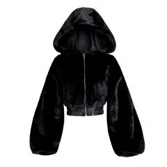 New Street Short High Waist Wool Hooded Coat Women - Black - View 1