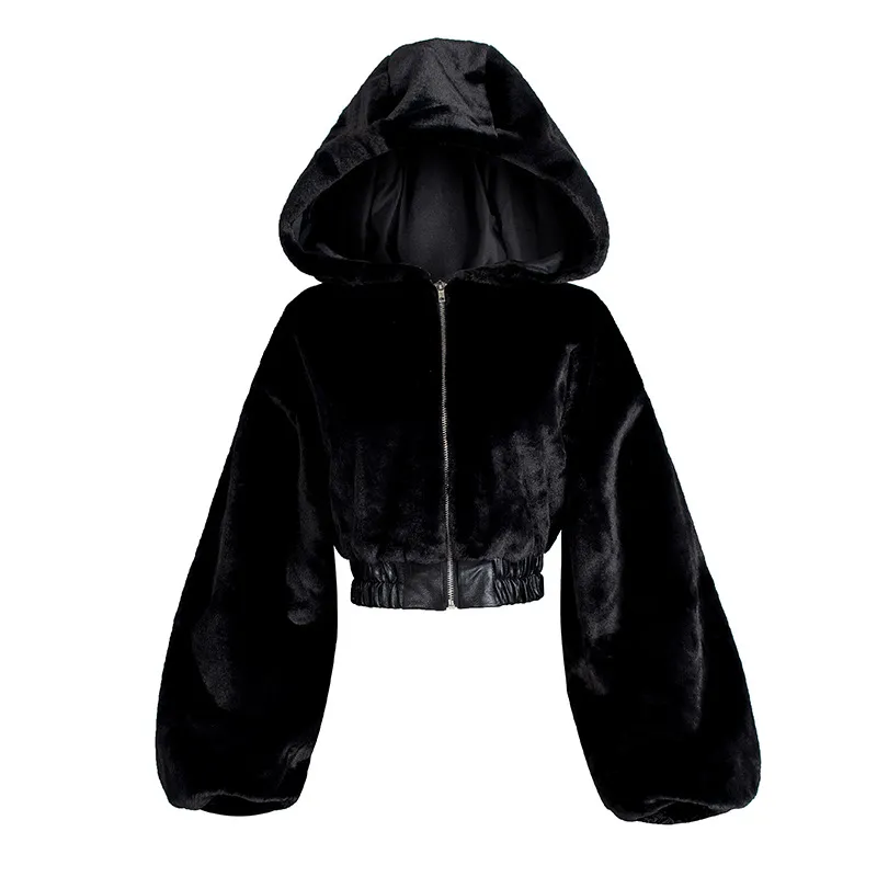 New Street Short High Waist Wool Hooded Coat Women - Black