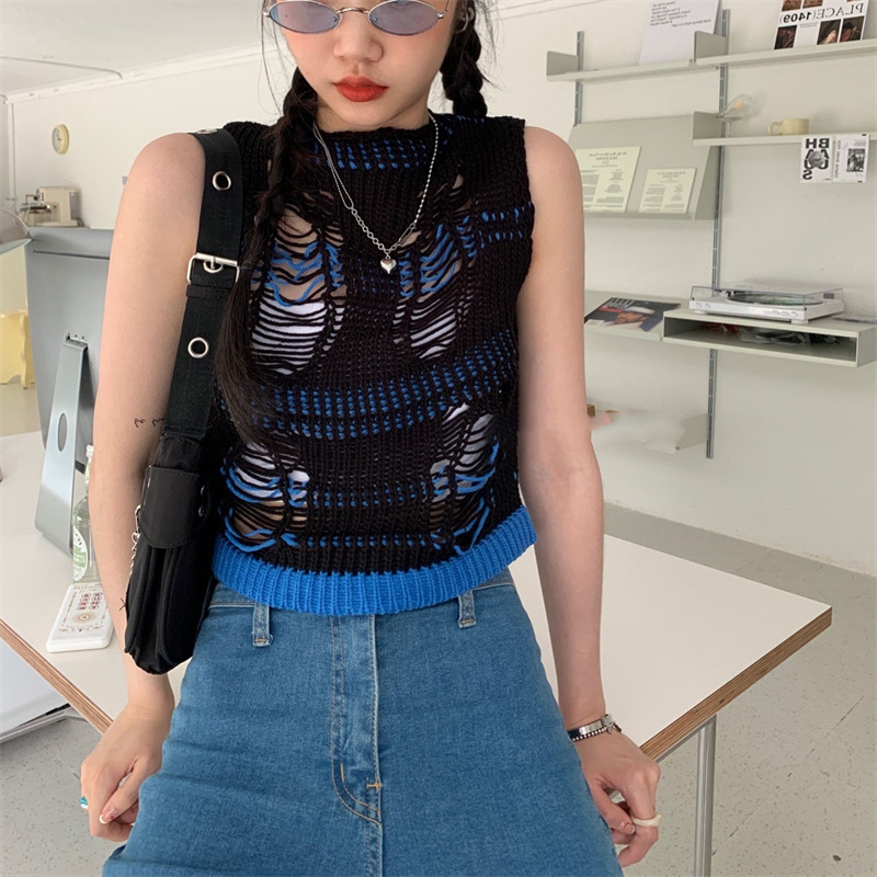 Women's Ripped Short Hollow Solid Color Vest