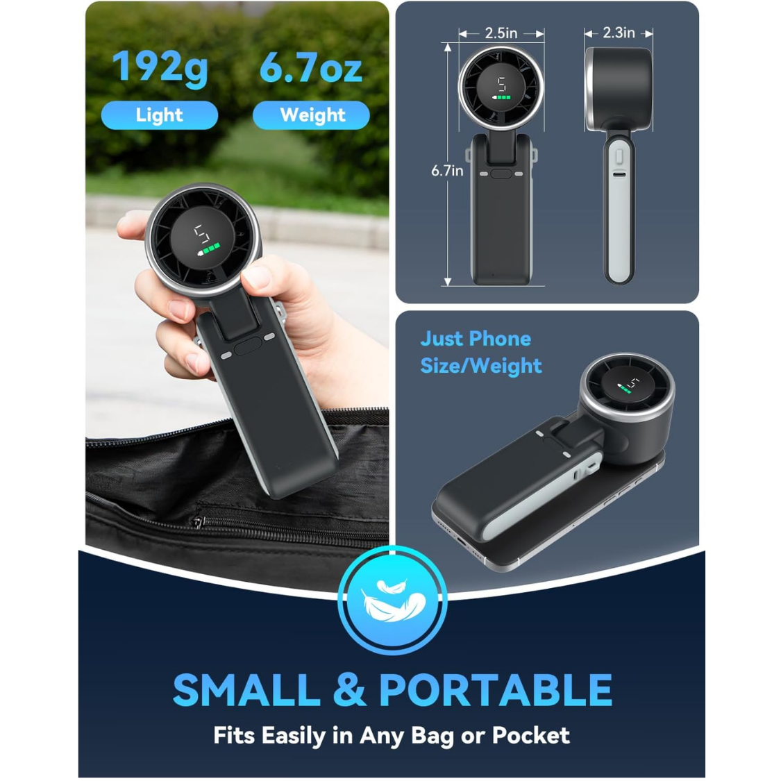 Portable Handheld Turbo Fan, USB-C Rechargeable, 5-Speed Cooling Fan, 12H Runtime, 3-in-1, Black — foto 7