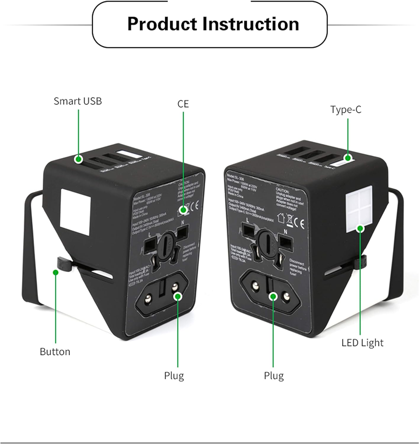 International Power Adapter with 3 USB Ports suitable for worldwide traveling, 5 in 1 Portable Power Adapter design for charging 5 devices simultaneously, Built-in Smart IC Chip for automatic current adjustment, Top Safety Certified for surge protection a