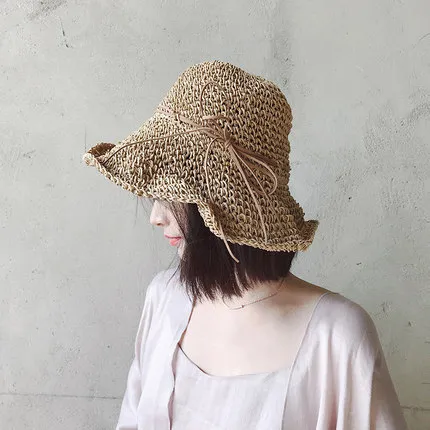 Sunscreen Female Raffia Straw Hat Summer Fashion Cover Face Net Red Fisherman Hat Khaki B - Shop at LoveMi
