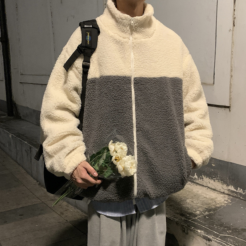 Lamb Wool Men's Trend Loose Color Contrast Thick Padded Coat