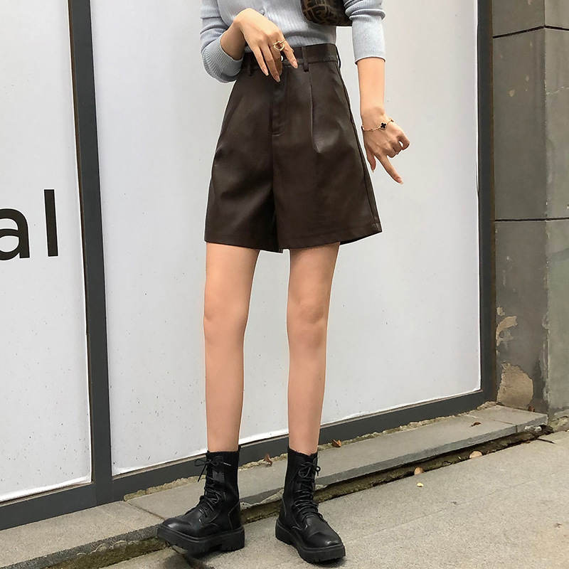 Women Wear Five-point Wide-legged High-waist Pu Leather Pants