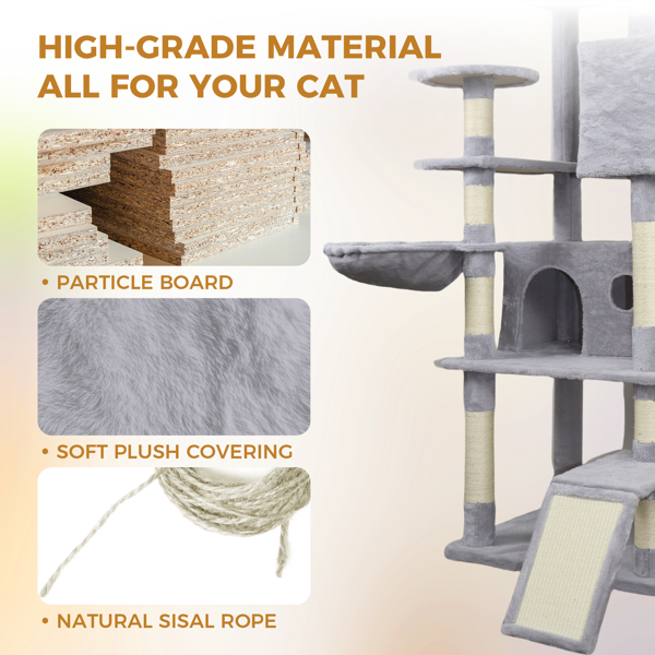 84.6 In Light Gray Cat Tree Tower With Wide Base, 3 Large Hinding Condo, 11 Sisal Scratching Post, Sisal Scratching Ladder, 2 Hammocks, Large Top Platform, Many Landing Perch And Interactive 
