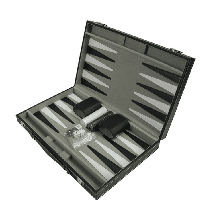 Title 2, Black Leather 15-inch Backgammon Box