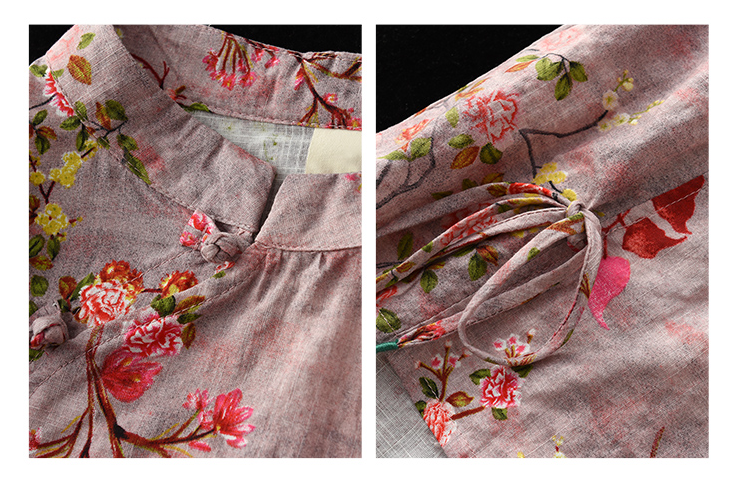 Retro Printed Cotton And Linen Shirt With Stand-up Collar