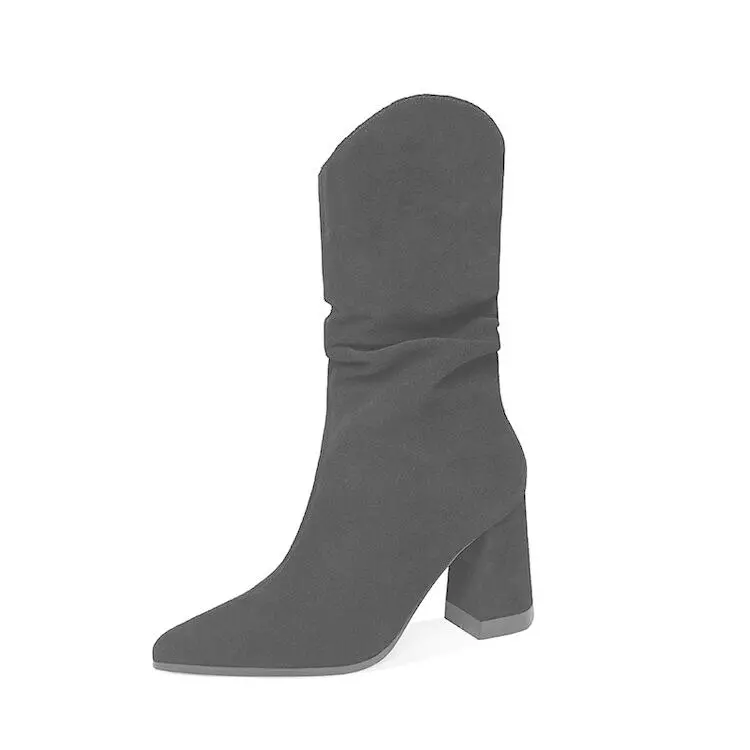 Women's Korean Style Thick Heel Pointed Toe Nubuck Leather Folded Mid-tube Ankle Boots - Black