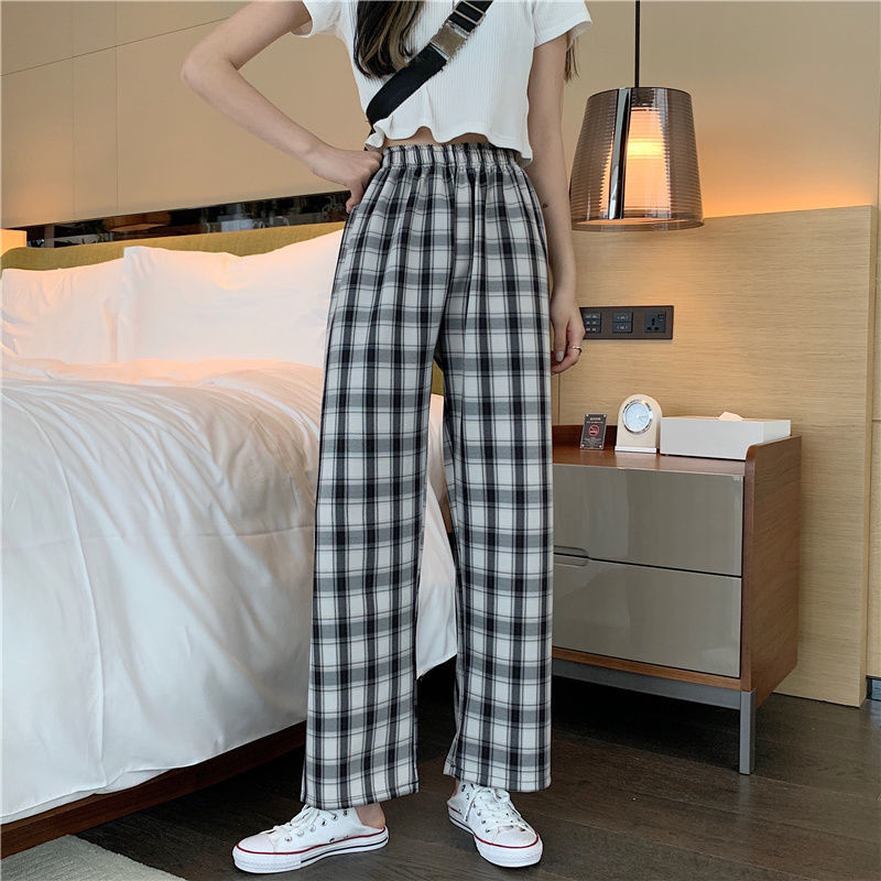 Plaid Wide Leg Pants Women Casual Pants Black And White Grid - Shop at LoveMi