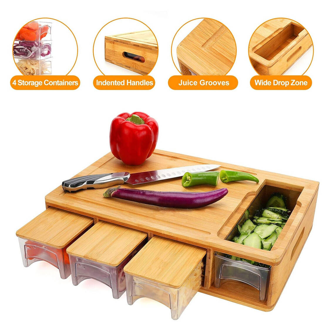 Chopping Board With Containers, Large Bamboo Cutting Board