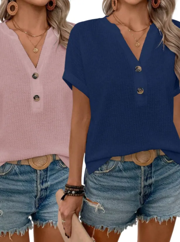 Women Summer Notched V Neck Button Decor Casual T Shirt Set1 - Shop at LoveMi