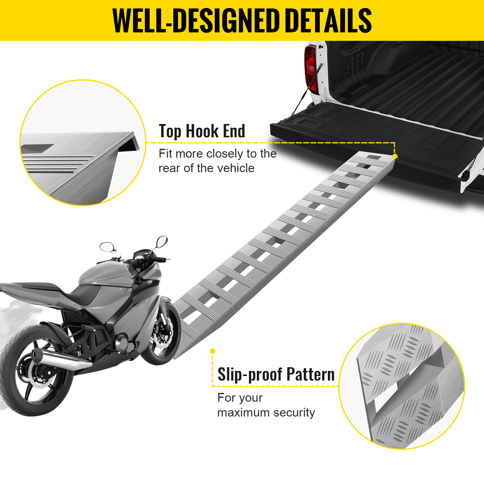 VEVOR 6000 LB capacity aluminum ramps with 2.5-inch raised side rails for tire tracking on flatbed trailer