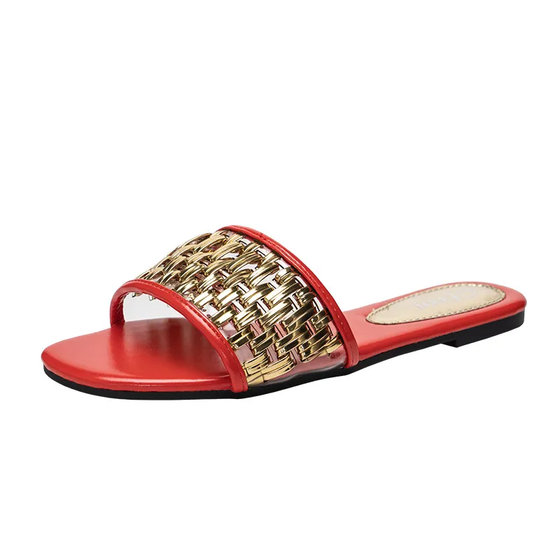 Casual Flat Sandals And Slippers Women's Gold Braided Belt Women's Sandals - Red