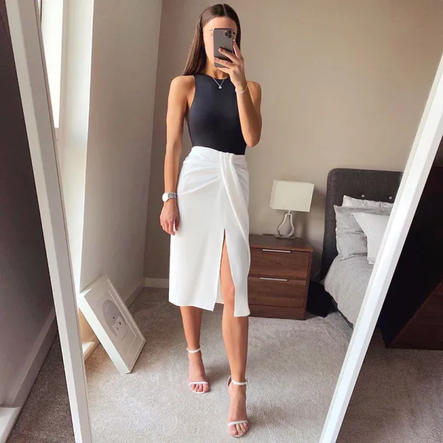 Workplace Temperament Commuter Skirt Pleated Slit Design Sense White - Shop at LoveMi