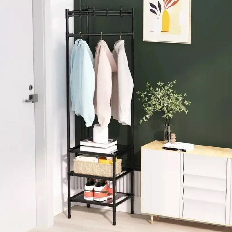 Corner Coat Stand Metal Clothes Hanging Rail Rack Shoe Rack Hanger With 3 Shelf